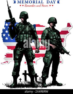 Memorial Day, Independence Day o Patriot Day, due soldati alla sepoltura con lapidi e illustrazione della bandiera USA Illustrazione Vettoriale