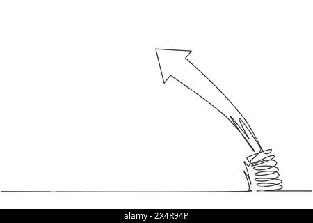 Disegno a linea singola continua della molla metallica con il simbolo della freccia che salta in alto sopra. Metafora della crescita del business. Concetto minimalista dinamico One li Illustrazione Vettoriale