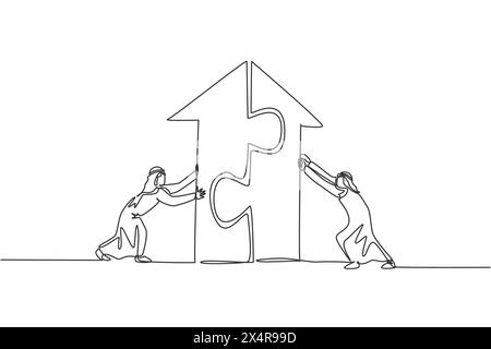 Una linea continua che disegna due giovani e bellissimi operai arabi che spingono pezzi di puzzle per costruire un edificio. Concetto minimalista di lavoro di squadra aziendale. S Illustrazione Vettoriale