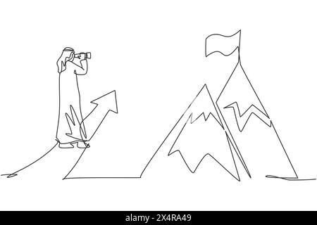 Una linea continua che attira il giovane uomo d'affari arabo che guarda la bandiera sulla cima della montagna come obiettivo aziendale. Visione aziendale concetto minimalista. Alla moda Illustrazione Vettoriale