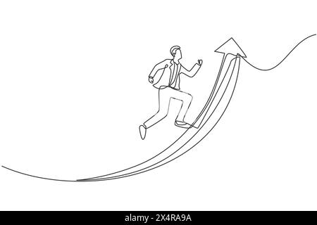 Un unico disegno continuo di un giovane uomo d'affari che salta nella parte superiore della freccia su. Attraente uomo d'affari professionale. Concetto di minimalismo dinamico Illustrazione Vettoriale