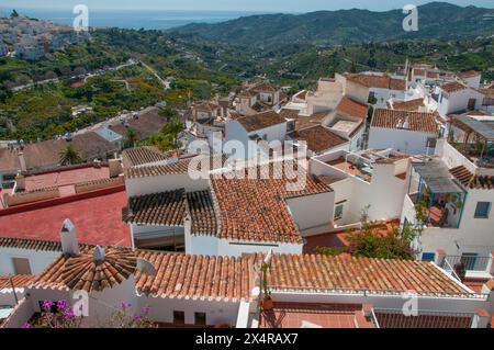 Frutteti e campi terrazzati si estendono sotto e oltre il "Villaggio bianco" di Frigiliana nella regione Axarquia dell'Andalusia, Spagna Foto Stock