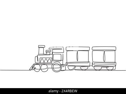 Disegno unico di una linea di una locomotiva ferroviaria con due carrozze sotto forma di un sistema a vapore in movimento nel parco divertimenti per il trasporto di passeggeri. Conti Illustrazione Vettoriale