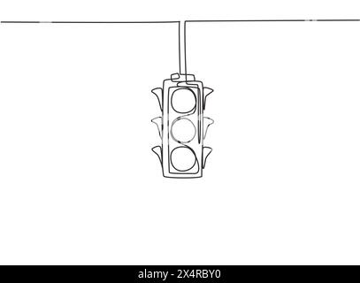 Disegno di una singola linea continua dei semafori che sono appesi sopra l'incrocio autostradale. Ci sono quattro semafori. Dinamica Illustrazione Vettoriale