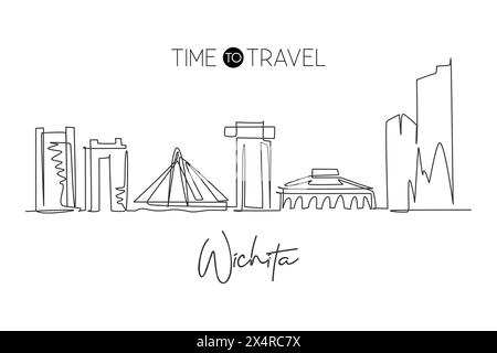 Un disegno continuo dello skyline di Wichita, Kansas. Turismo paesaggistico e vacanza di viaggio per la stampa di decorazioni murali. Elegante singolo Illustrazione Vettoriale