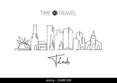 Un disegno continuo dello skyline della città di Toledo, Ohio. Splendida cartolina. Turismo paesaggistico mondiale viaggi casa decorazione murale stampa poster. St Illustrazione Vettoriale