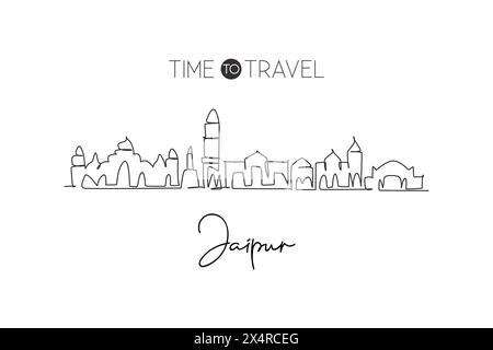 Un disegno continuo dello skyline della città di Jaipur, India. Splendido punto di riferimento. Mondo paesaggio turismo viaggio casa decorazione parete poster stampa arte. Stylis Illustrazione Vettoriale