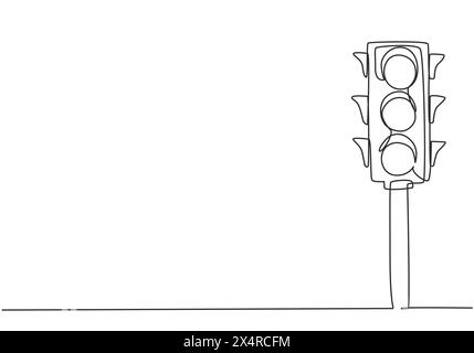 Disegno continuo di un'unica linea di semafori con pali per regolare la marcia del veicolo negli incroci stradali. Ci sono luci rosse, gialle e verdi. Singolo Illustrazione Vettoriale