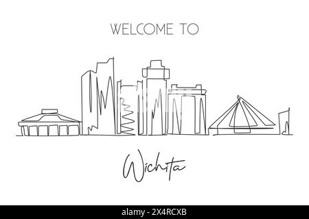 Un disegno a linea singola dello skyline di Wichita, Kansas, Stati Uniti. Paesaggio urbano per poster decorati con pareti. La migliore destinazione per le vacanze. Alla moda continua l Illustrazione Vettoriale