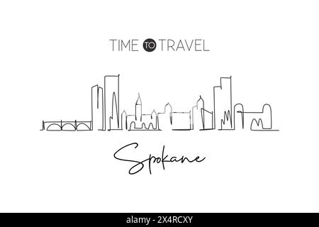 Una linea continua che disegna lo skyline di Spokane, Washington. Splendido punto di riferimento. Turismo paesaggistico mondiale viaggi casa decorazione murale stampa poster. Styl Illustrazione Vettoriale