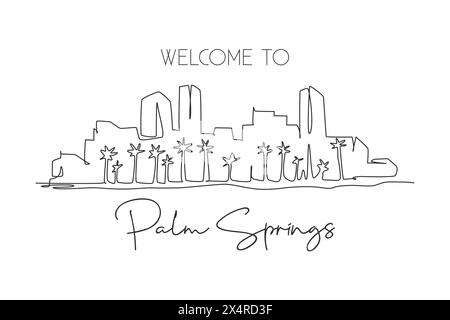 Una linea continua che disegna lo skyline di Palm Springs, California. Splendido punto di riferimento. Turismo paesaggistico mondiale viaggi casa decorazione murale stampa poster. St Illustrazione Vettoriale