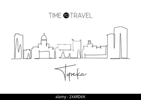 Una linea singola che disegna lo skyline di Topeka, Kansas. Il paesaggio storico della città. Cartolina delle migliori destinazioni di vacanza. Traccia modificabile per contorni alla moda Illustrazione Vettoriale