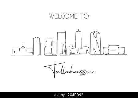 Una linea singola che disegna lo skyline di Tallahassee, Florida. Città storica mondiale paesaggio poster art. La migliore destinazione per le vacanze. Trend tratto modificabile Illustrazione Vettoriale