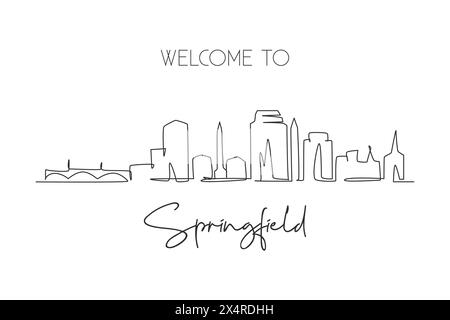 Linea singola continua che disegna lo skyline di Springfield, Massachusetts. Il famoso paesaggio cittadino dei raschiatori. World Travel Home decor da parete Art poster print cep Illustrazione Vettoriale