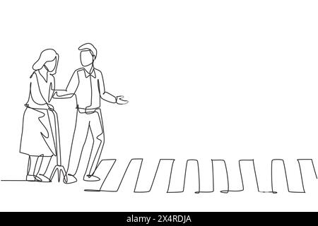 Una linea continua che disegna un giovane aiuta una vecchia nonna che usa un bastone per attraversare la strada sull'incrocio zebra. Buon atteggiamento sulla strada. S Illustrazione Vettoriale