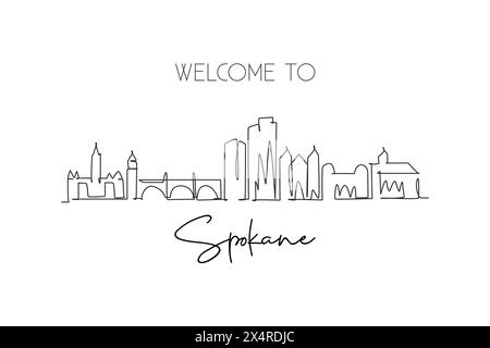 Disegno a linea singola continua dello skyline di Spokane, Washington. Famoso paesaggio di scraper. Arredamento da parete, stampa di poster artistici. M Illustrazione Vettoriale
