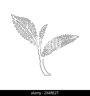 Singola linea disegnando tutta la foglia di tè organico sano per l'identità del logo della bevanda a base di erbe. Concetto di natura fresca per un'icona della piantagione di tè. Arriccia i capelli. Illustrazione Vettoriale