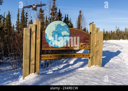 Segui le indicazioni per il Circolo Polare Artico lungo la Dalton Highway, Coldfoot, Alaska, Stati Uniti Foto Stock