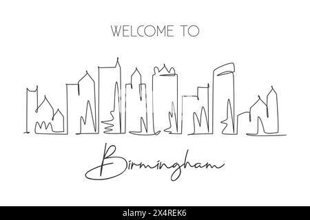 Un'unica linea di attrazione per visitare lo skyline di Birmingham, Alabama. Paesaggio urbano di bellezza mondiale. Cartolina delle migliori destinazioni di vacanza. Tratto modificabile alla moda Illustrazione Vettoriale