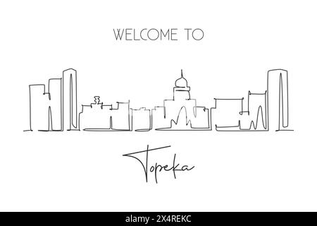 Un disegno continuo dello skyline di Topeka, Kansas. Splendido punto di riferimento. Turismo paesaggistico mondiale viaggi casa decorazione murale stampa poster. Elegante S Illustrazione Vettoriale