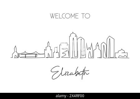 Una linea singola che disegna lo skyline di Elizabeth, New Jersey. Il paesaggio storico della città. Cartolina delle migliori destinazioni di vacanza. Tratto modificabile alla moda Illustrazione Vettoriale