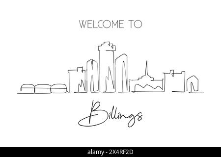 Disegno a linea singola continua dello skyline di Billings, Montana. Il famoso paesaggio cittadino dei raschiatori. Arredamento da parete, stampa di poster artistici. Mod Illustrazione Vettoriale