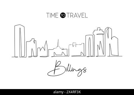 Una linea continua che disegna lo skyline di Billings, Montana. Bella arte di riferimento. Turismo paesaggistico mondiale viaggi casa decorazione murale stampa poster. Stile Illustrazione Vettoriale