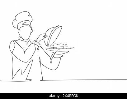 Disegno su una sola riga di un giovane e attraente chef maschile che serve deliziosa cucina al ristorante. Vassoio di appoggio e apertura cloche Modern template One lin Illustrazione Vettoriale