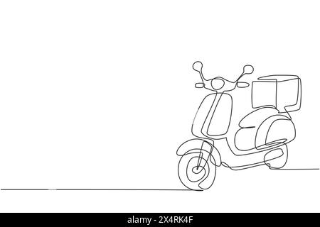 Scooter con disegno a linea continua singola con confezione. E-commerce, shopping online. Servizio di consegna online. Concetto di consegna rapida dei pacchi. Dinamica Illustrazione Vettoriale