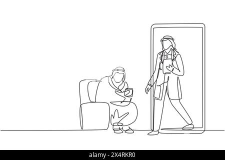 Una sola linea che disegna un paziente di sesso arabo seduto arricciato sul divano, usando la coperta, tenendo la tazza e c'è un medico maschio che esce dallo smartphone, Illustrazione Vettoriale