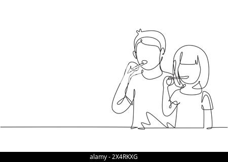 Linea singola continua disegnando due ragazzi e ragazze si lavano i denti in bagno. Abitudini di routine per la pulizia e la salute di bocca e denti. Illustrazione Vettoriale