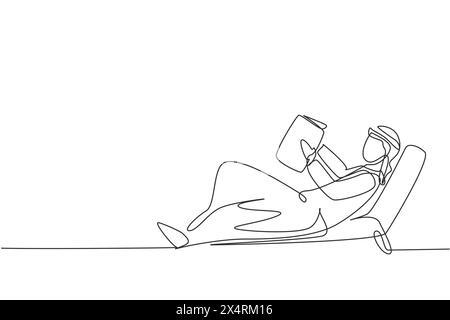 Linea singola continua disegnando un giovane arabo che legge, impara e si sdraia su un divano reclinabile. Appassionati di letteratura o amanti. Concetto educativo. Dynami Illustrazione Vettoriale