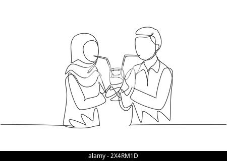 Linea singola continua che disegna insieme la giovane coppia araba che beve usando cannucce e grandi bicchieri. Festeggiate gli anniversari e godetevi una cena romantica. Illustrazione Vettoriale