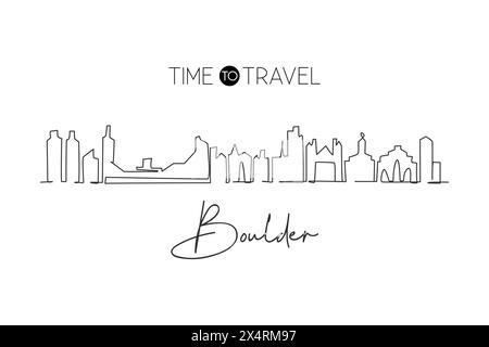 Una sola linea che disegna lo skyline di Boulder, Colorado. Stampa del paesaggio di città storica del mondo. Cartolina delle migliori destinazioni di vacanza. Tratto modificabile tren Illustrazione Vettoriale