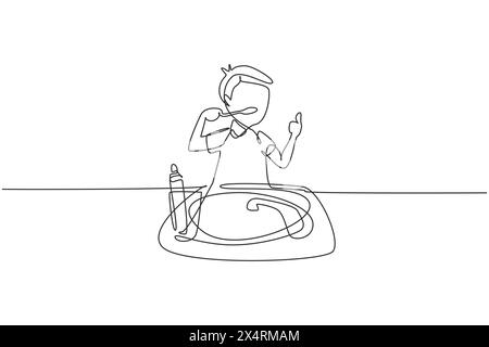 Linea singola continua che disegna il ragazzo che si pulisce i denti con un gesto con i pollici. Abitudini di routine per la pulizia, la salute, la freschezza della bocca e dei denti. Acceso Illustrazione Vettoriale