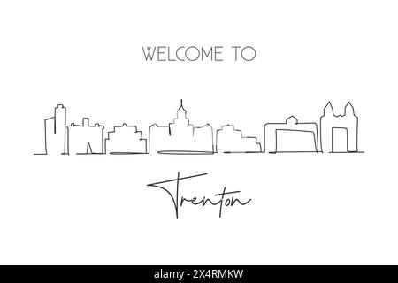 Linea singola che disegna lo skyline di Trenton, New Jersey. Il paesaggio storico della città. Cartolina delle migliori destinazioni di vacanza. Tratto modificabile alla moda c Illustrazione Vettoriale