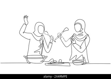 Linea singola continua che disegna due amici arabi cucinano insieme e cantano con le spatole come microfono. Ballare e divertirsi in cucina. Dinamica Illustrazione Vettoriale