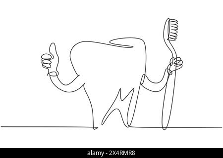 Una linea continua che disegna un dente gigante tiene in mano lo spazzolino e una delle sue mani fa un gesto con i pollici in alto. Simbolo della clinica odontoiatrica, igiene orale. S Illustrazione Vettoriale