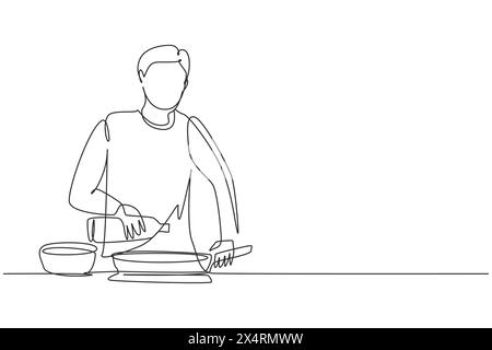 Una sola linea che porta il marito felice versando olio di cottura dalla bottiglia alla padella sul piano cottura. Preparate il cibo in una cucina accogliente. Cucinare a casa. Continu Illustrazione Vettoriale