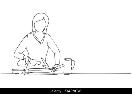 Una linea continua che attira una bella donna che versa olio di cottura dalla bottiglia alla padella sul piano cottura. Preparate il cibo in una cucina accogliente. Cucinare a casa. S Illustrazione Vettoriale