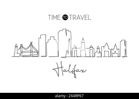 Linea continua che disegna lo skyline di Halifax, nuova Scozia, Canada. Splendido punto di riferimento. Turismo del paesaggio del mondo viaggi decorazione murale stampa poster. Styl Illustrazione Vettoriale