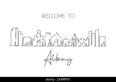 Una linea continua che disegna lo skyline di Albany, New York. Splendide opere d'arte. Mondo paesaggio turismo viaggi decorazione murale poster stampa arte. Ry Illustrazione Vettoriale