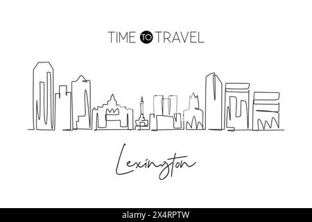 Linea singola continua che disegna lo skyline di Lexington, Kentucky. Il famoso paesaggio cittadino dei raschiatori. Arredamento da parete, stampa di poster artistici. Illustrazione Vettoriale