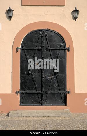 Vecchia porta ad arco in metallo con barre in ferro battuto a Kulpin, Backi-Petrovac, Serbia Foto Stock