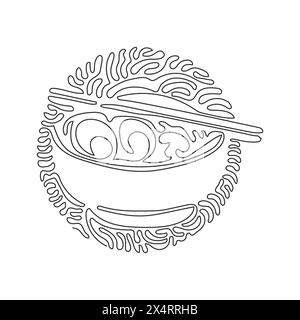 Una sola linea con spaghetti di ramen di cibo giapponese con vari condimenti nel recipiente. Zuppa tradizionale asiatica di spaghetti. Stile di sfondo cerchio arricciatura a turbolenza. Illustrazione Vettoriale