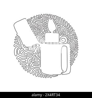 Accendisigari per metallo con linea continua singola. Fuoco dall'accendino. Manuale, accendisigari a gas con fiamma in stile piatto. Cerchio di curvatura di turbolenza sfondo st Illustrazione Vettoriale
