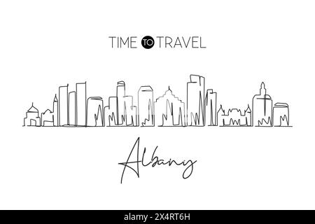 Una linea continua che disegna lo skyline di Albany, Illinois. Splendido punto di riferimento. Mondo paesaggio turismo viaggi decorazione murale poster stampa arte. Peccato elegante Illustrazione Vettoriale