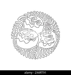 Una sola linea che disegna takoyaki, polpo palle, fast food giapponese. Gustoso spuntino con maionese e alghe. Stile di sfondo cerchio arricciatura a turbolenza. Continu Illustrazione Vettoriale