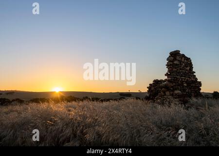 Resti di un vecchio cottage in pietra nel tipico paesaggio della cintura di grano nell'Australia Occidentale. Foto Stock