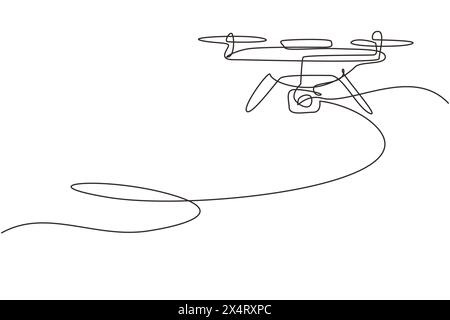 Una linea continua disegnando un drone ad aria con controllo remoto. Drone che vola con la videocamera d'azione. Creazione di fotografie con drone e video con drone. Quadricottero Illustrazione Vettoriale